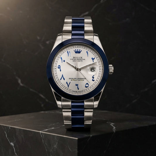 Rolex Premium Luxury Arabic Dial Watch | Elegant Stainless‑Steel Strap With Blue Accents & Date Display
