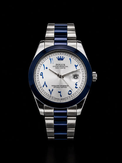 Rolex Premium Luxury Arabic Dial Watch | Elegant Stainless‑Steel Strap With Blue Accents & Date Display