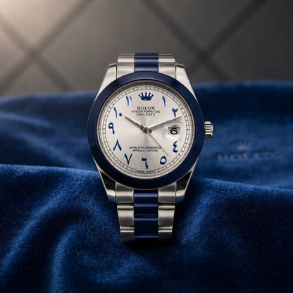 Rolex Premium Luxury Arabic Dial Watch | Elegant Stainless‑Steel Strap With Blue Accents & Date Display