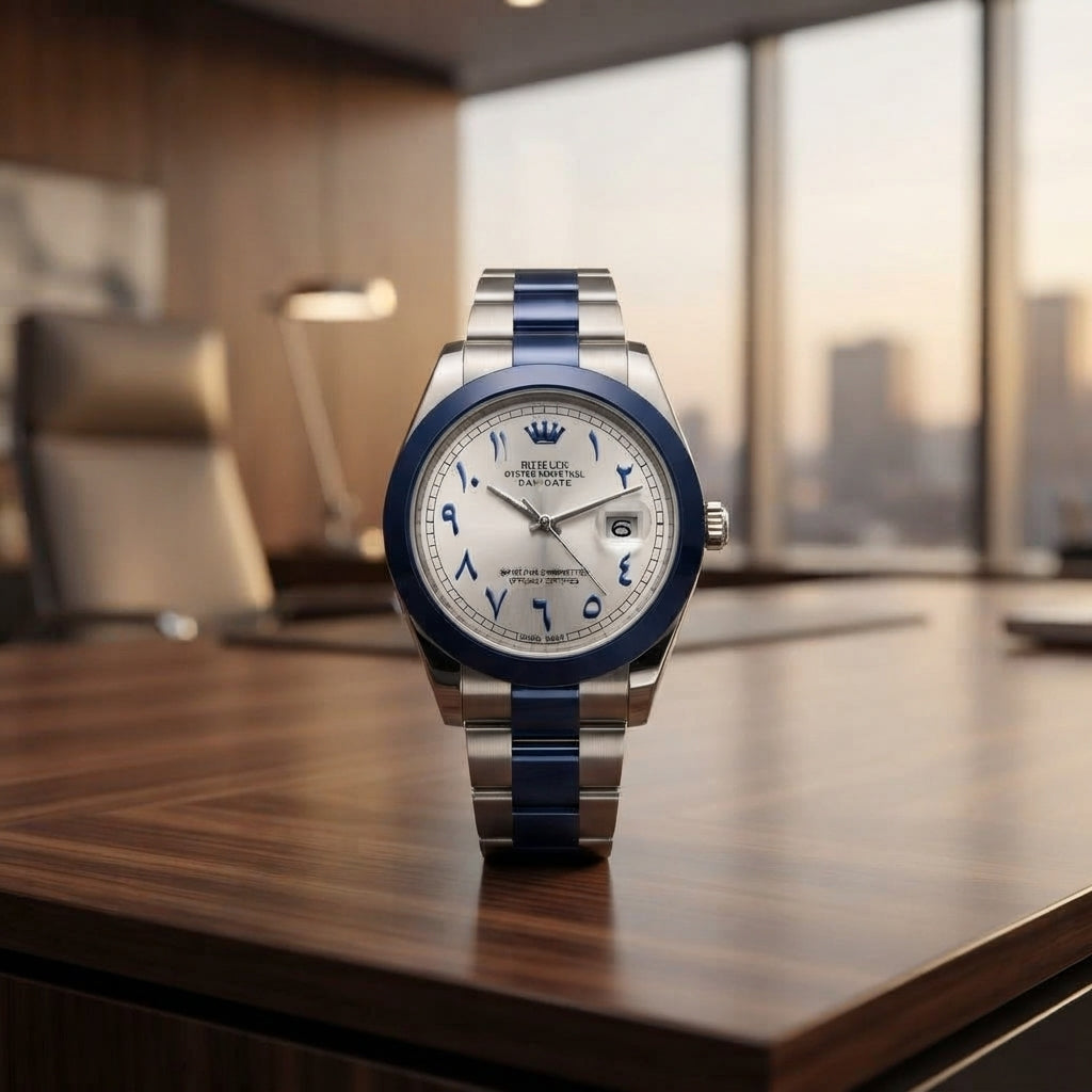 Rolex Premium Luxury Arabic Dial Watch | Elegant Stainless‑Steel Strap With Blue Accents & Date Display
