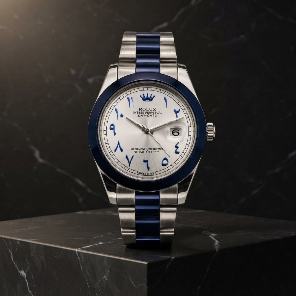 Rolex Premium Luxury Arabic Dial Watch | Elegant Stainless‑Steel Strap With Blue Accents & Date Display
