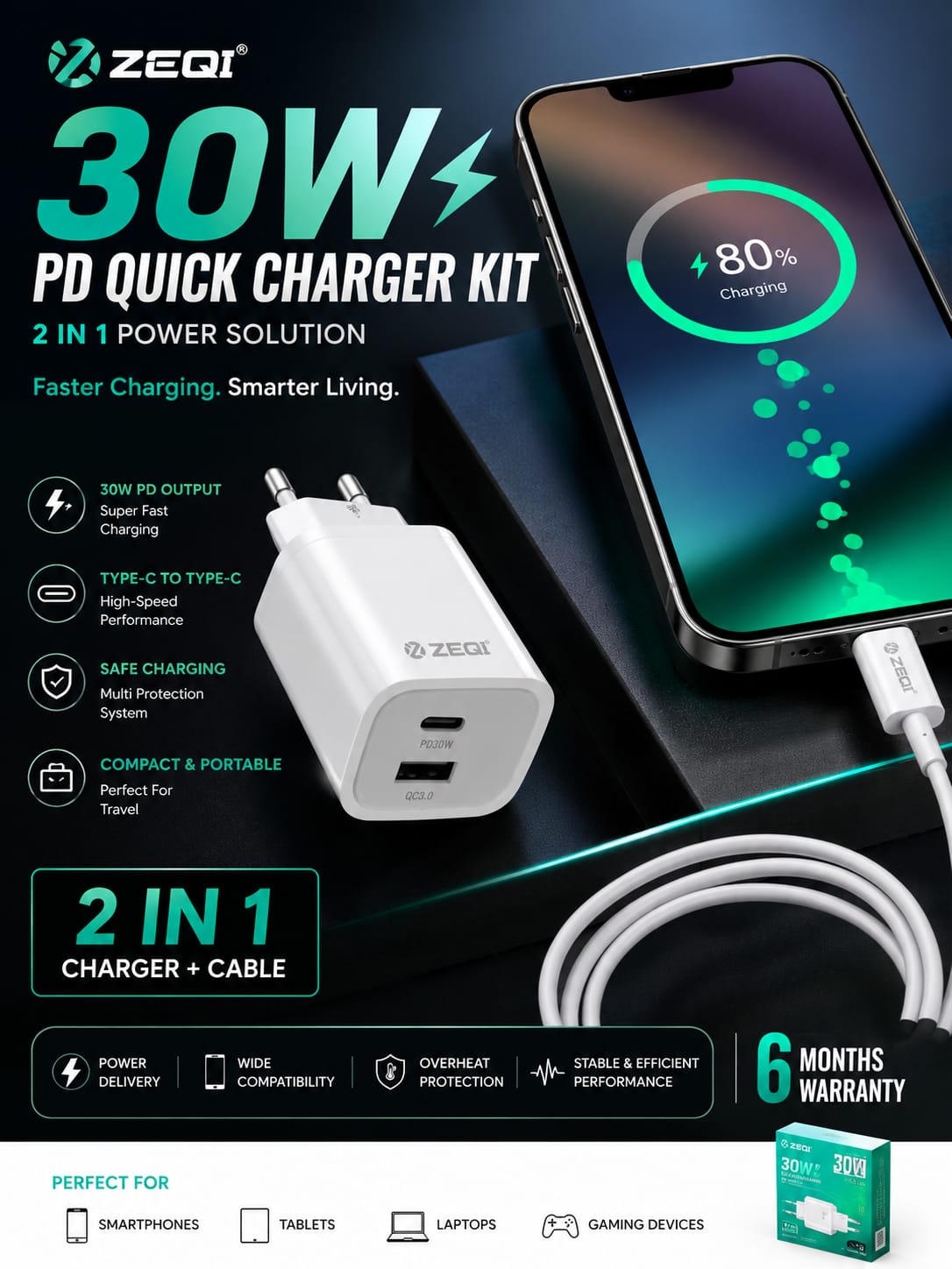 ZEQI 30 Watt 2 in 1 Fast Charger