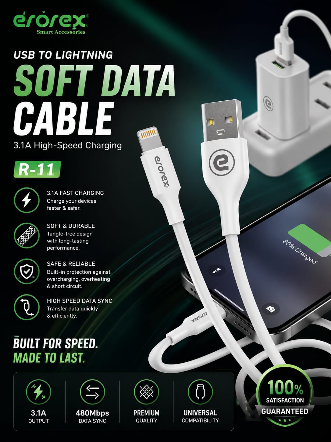 Erorex R-11 USB to Lightning Soft Data Cable Premium Quality