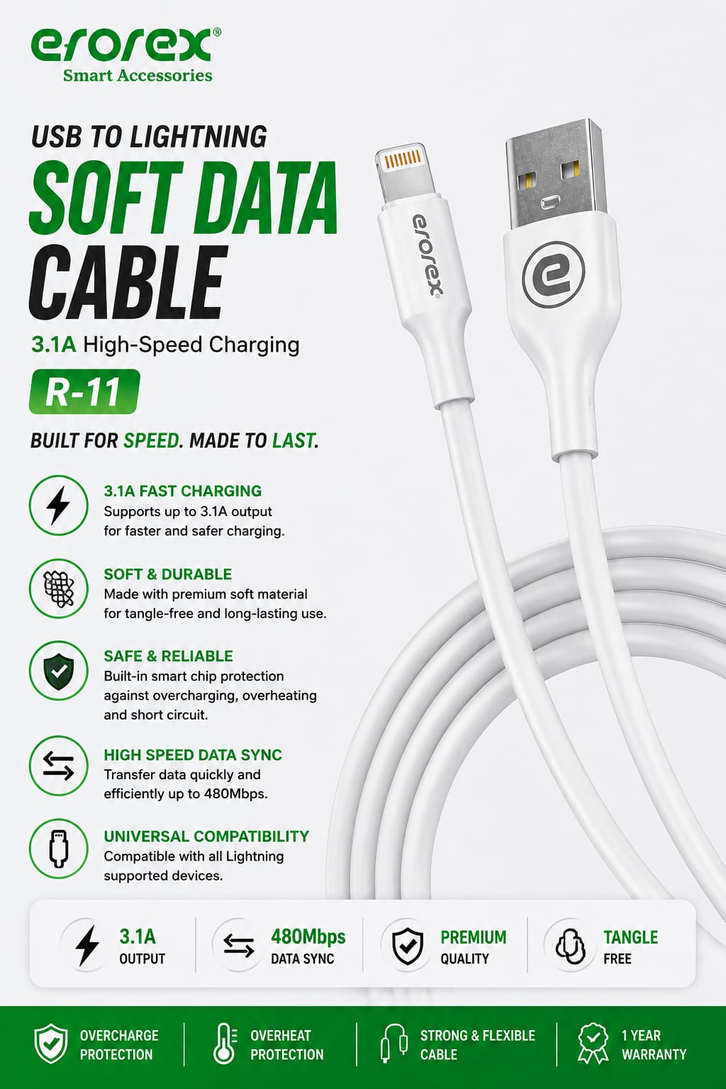 Erorex R-11 USB to Lightning Soft Data Cable Premium Quality