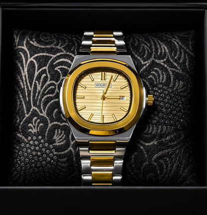 Hoursly  Luxury Two-Tone Gold & Silver Square Dial Men’s Watch – Premium Stainless Steel Bracelet And Buturfly Lock