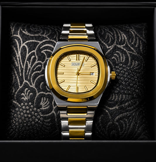 Hoursly  Luxury Two-Tone Gold & Silver Square Dial Men’s Watch – Premium Stainless Steel Bracelet And Buturfly Lock