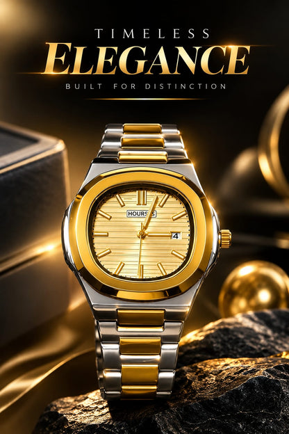 Hoursly  Luxury Two-Tone Gold & Silver Square Dial Men’s Watch – Premium Stainless Steel Bracelet And Buturfly Lock